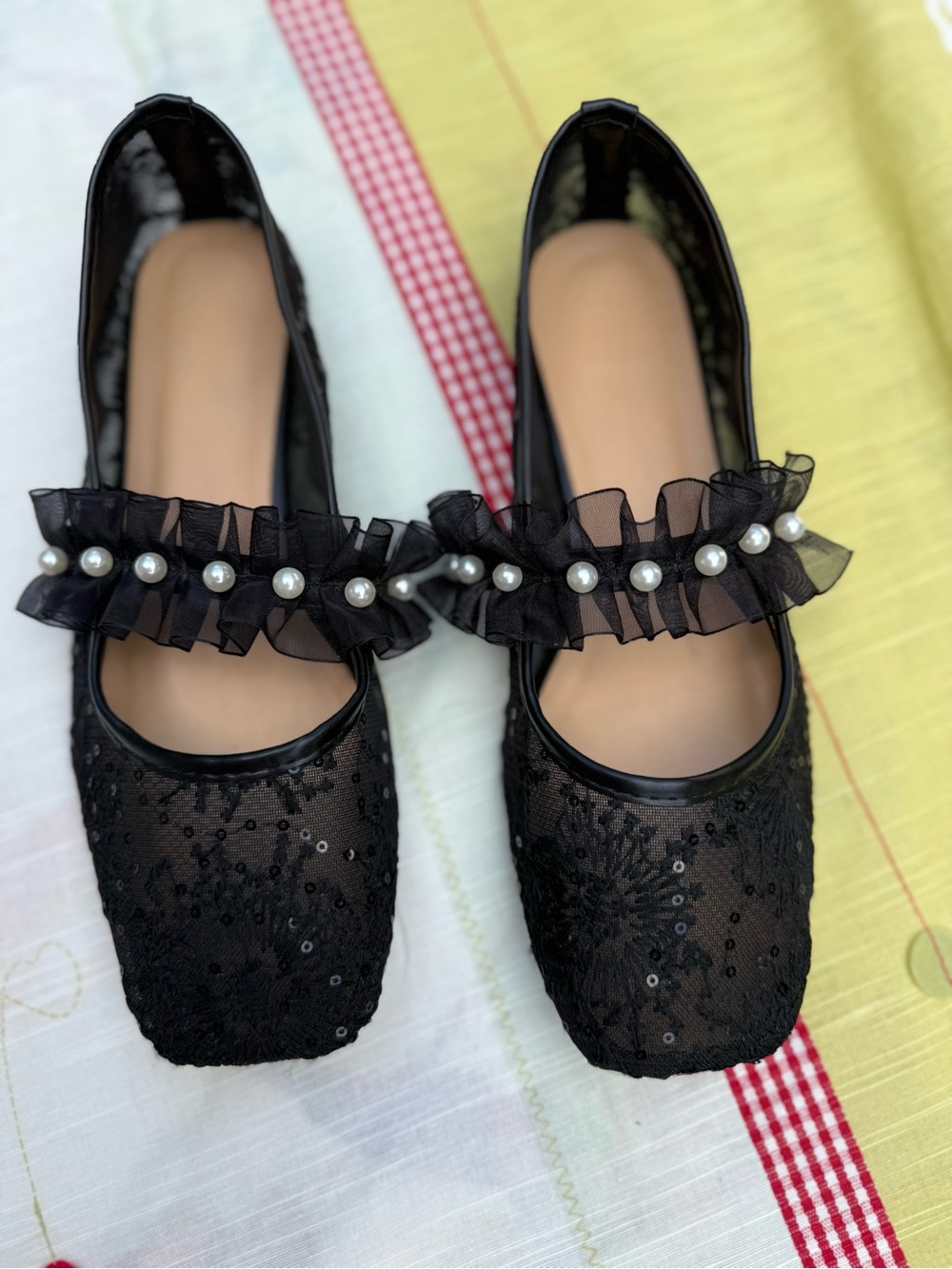 Black Pearl-Trim Lace Mary Jane Flats size 39 ( 9) pre-owned with free gift .